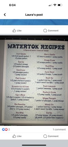 the menu for waterfook recipes is displayed on an iphone screen, and it appears to be in english