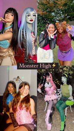 several photos of women dressed up as monster high and the same woman in different outfits