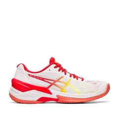 the asics running shoe is white and red with yellow accents on the upper part