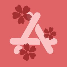 the letter a is surrounded by flowers on a pink background with red and white petals