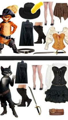 an assortment of costumes and accessories are shown in this image, including hats, gloves, boots, skirts, stockings, tights