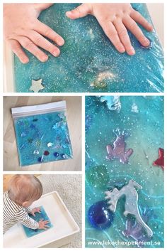 the process for making an ocean scene is shown with hands and watercolors on paper