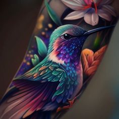 a colorful hummingbird tattoo on the arm