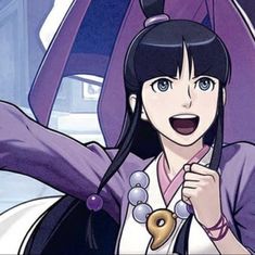 an anime character with long black hair and blue eyes holding a key in her hand