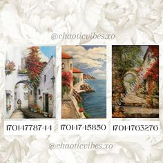 three pictures of flowers and houses with water in the background, one is painted on white paper