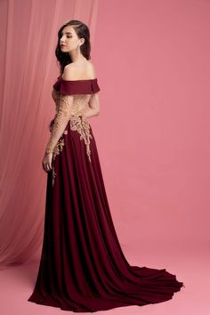 Materials: Crepe, beading, lace Neckline: Off shoulder Sleeve Style: Long sleeves Silhouette: A-line Built-in Bra: Yes Off Shoulder Ball Gown, Boho Chic Wedding Dress, Cheap Evening Dresses, Boho Chic Wedding, Illusion Dress, Lace Neckline, Dresses 2020, Evening Gowns Formal, Flower Dresses