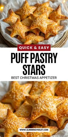 puff pastry stars on a plate with text overlay that reads quick and easy puff pastry stars best christmas appetizer