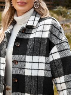 EMERY ROSE Plaid Print Drop Shoulder Pocket Patched Overcoat | SHEIN USA Girl Trends, Shirt Casual Style, Fashion Design Dress