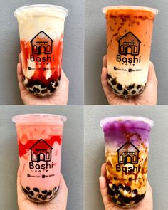 four different types of ice cream in plastic cups with the words bosh on them