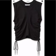 T By Alexander Wang Black Adjustable Cinched Side Tie Shirt With Folded Short Sleeves And Seam Down Center. Xs Brand New With Tags. Chic Black Top With Drawstring, Spring Drawstring Top For Night Out, Casual Sleeveless Top With Ruched Sides, Black Sleeveless Top With Drawstring, Casual Black Top With Drawstring, Casual Black Ruched Top, Black Tops With Drawstring For Night Out, Side Tie Shirt, Ruched Crop Top