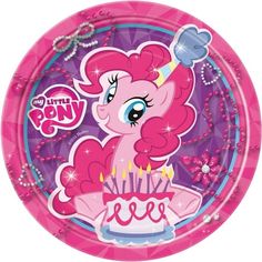 a pink paper plate with an image of a little pony on the front and side