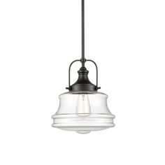 an antique style pendant light fixture with clear glass and black metal finish, hanging from the ceiling