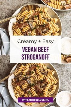 creamy and easy vegan beef stroganoni recipe in two bowls with spoons