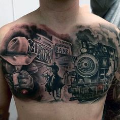 a man's chest with an old fashioned train tattoo on it and the words bank