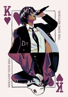 a man in a suit and tie sitting on top of a playing card