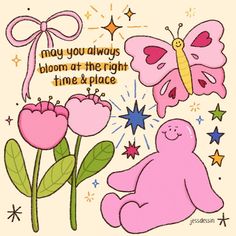 a pink teddy bear sitting on top of a flower next to a butterfly and star