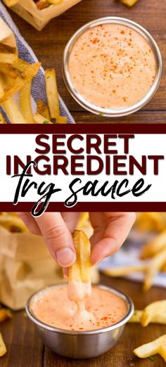 a person dipping some kind of sauce into a bowl with french fries on the side