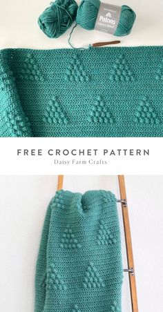 a crocheted blanket with yarn next to it and the text, free crochet pattern day farm crafts