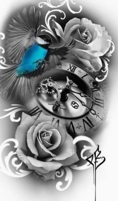 an artistic tattoo design with roses and a bird on the clock, which is painted in black and white