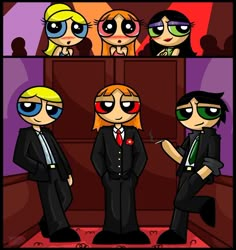 the powerpuff girls in their suits and tie are standing next to each other