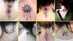 six pictures of different tattoos on the back of women's neck and uppers