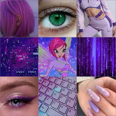 the collage has many different pictures with pink hair and green eyes, including an eyeliner