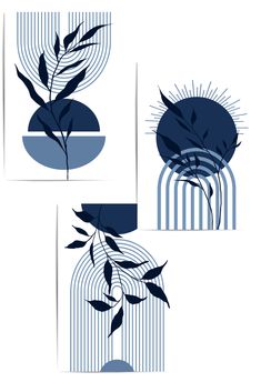 three blue and white paintings with leaves on them