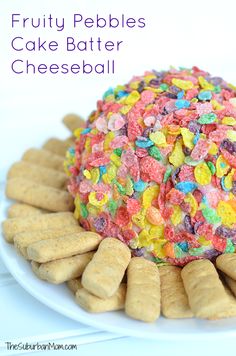 This easy-to-make, colorful Fruity Pebbles Cake Batter Cheeseball is sure to be a standout at your next party. Perfect for kids young and old. Fruity Pebbles Recipes, Fruity Pebbles Cake, Pebbles Cake, Cheesecake Menu, Cheeseball Recipes, Birthday Cake Batter, Cheeseball Recipe, Dessert Cheese Ball, Easy Birthday Cake