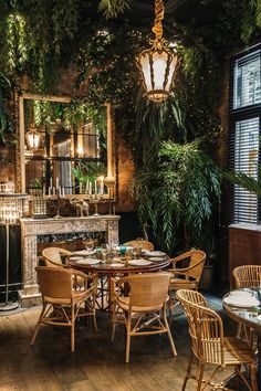 an indoor dining area with chairs, tables and potted plants on either side of the table