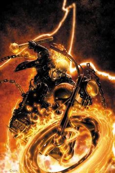 a drawing of a motorcyclist riding on a motorcycle with flames in the background