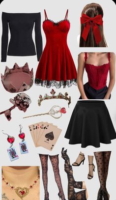 an image of a woman's clothes and accessories in red, black and white