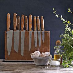 a bunch of knives sitting on top of a wooden cutting board next to a potted plant