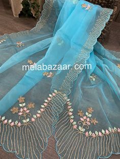 Beautiful blue dupatta with gota and embroidery motifs. Blue Embroidered Dupatta For Festivals, Designer Blue Embroidered Dupatta, Blue Embroidered Fabric Dupatta For Wedding, Sky Blue Combination, Blue Dupatta With Floral Embroidery, Elegant Blue Embroidered Dupatta, Punjabi Suits Designer Boutique, Blue Dupatta, Blue Combination