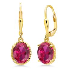 PRICES MAY VARY. Captivating Gemstone Elegance: Elevate your style with the captivating allure of these dangle earrings. Featuring Oval 9X7MM Red Created Ruby gemstones, the total weight of 4.00 Cttw radiates a rich and striking presence. Luxurious Gold Plating: Crafted with genuine 18K Yellow Gold Plated Silver, these earrings exude a luxurious and vibrant charm. The gold plating adds warmth and sophistication, enhancing the beauty of the rubies. Lab-Created Brilliance: The Red Created Ruby gem Classic Oval Earrings With Gemstone Accents, Gold Oval Gemstone Earrings, Ring Necklace Men, Pearl Bracelet Jewelry, Silver Pearl Bracelet, Dangle Earrings Gold, White Gold Earrings Studs, White Gold Studs, Gold And Silver Bracelets