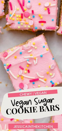 vegan sugar cookie bars with pink frosting and sprinkles on top