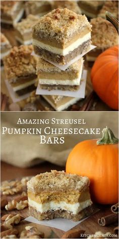 Pumpkin Cheesecake Bars - nutty crust, streusel topped | Kitchen Cents Pumpkin Cheesecake Streusel, Pumpkin Walnut Bars, Pumpkin Crunch Cheesecake, Walnut Crust, Pumpkin Cheesecake Bars, Cheesecake Bar Recipes, Pumpkin Recipes Dessert, Bar Cookies, Creamy Cheesecake