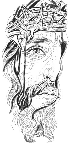 a black and white drawing of jesus wearing a crown