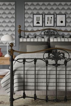 Pictured here is our Camolin Iron bed in Pewter. The brass top rail is just the cherry on top. Grey White Bedroom Ideas, White Bedroom Ideas, Bedroom Space, Cherry On Top