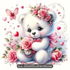 a white teddy bear with pink roses and butterflies