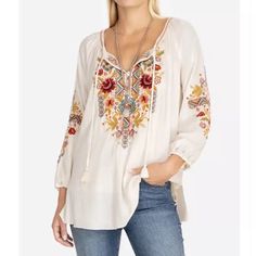 Ivory Size Small Embroidered Embroidered Bohemian Off-white Blouse, Bohemian Embroidered Off White Blouse, Bohemian Embroidered Off-white Blouse, Bohemian Beige Tops With Floral Embroidery, Beige Folk Style Long Sleeve Tops, Beige Long Sleeve Folk Top, Cream Long Sleeve Peasant Top For Fall, Summer Embroidered Cream Peasant Top, Summer Cream Embroidered Peasant Top