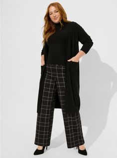 Everyday Soft Duster Open Front SweaterEveryday Soft Duster Open Front Sweater, BLACK Cami And Jeans, Ruched Sleeve Blazer, Plus Size Work, Trendy Plus Size Fashion, Heavy Sweaters, Collarless Jacket, Collared Shirt Dress, Plus Size Cardigans, Front Sweater