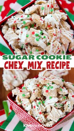 two pictures of sugar cookie chex mix recipe