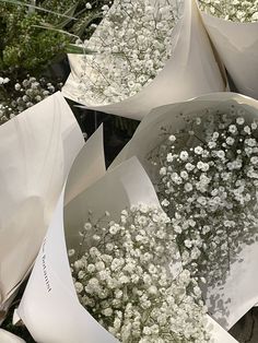 white flowers are wrapped in paper and placed on the ground