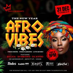 the new year afro vibes flyer with an image of a woman in a turban