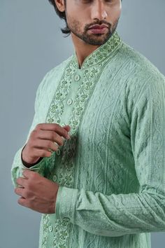 Shop for Punit Arora Green Modal Mandarin Collar Kurta Set for Men Online at Aza Fashions Festive Green Anarkali Sherwani, Green Anarkali Sherwani For Festivals, Green Dabka Work Sherwani For Eid, Green Anarkali Style Sherwani With Traditional Drape, Green Sherwani With Resham Embroidery, Green Unstitched Bollywood Bandhgala, Green Bollywood Bandhgala, Green Semi-stitched Traditional Kurta, Green Churidar With Resham Embroidery And Long Sleeves