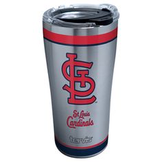 a stainless steel tumbler with the st louis cardinals logo on it