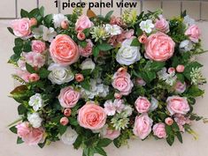 an arrangement of pink and white flowers is displayed on a wall with the words, 1 piece panel view