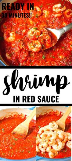 shrimp in red sauce with text overlay reading ready in 30 minutes shrimp in red sauce