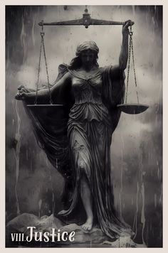 a lady justice statue holding a scale with the words vij justice written on it