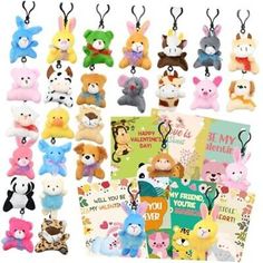 many different stuffed animals are hanging from the keychain, and there is also a greeting card